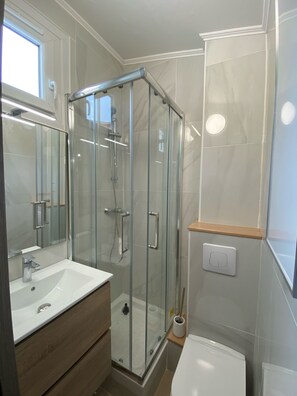 Shower, towels, soap, toilet paper