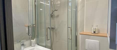 Shower, towels, soap, toilet paper