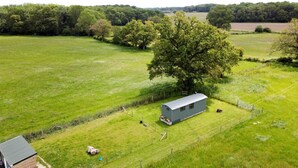A rural property with a small house, a fenced yard, and a large tree. - Charming Luxurious Rural Shepherds Hut (Hook)