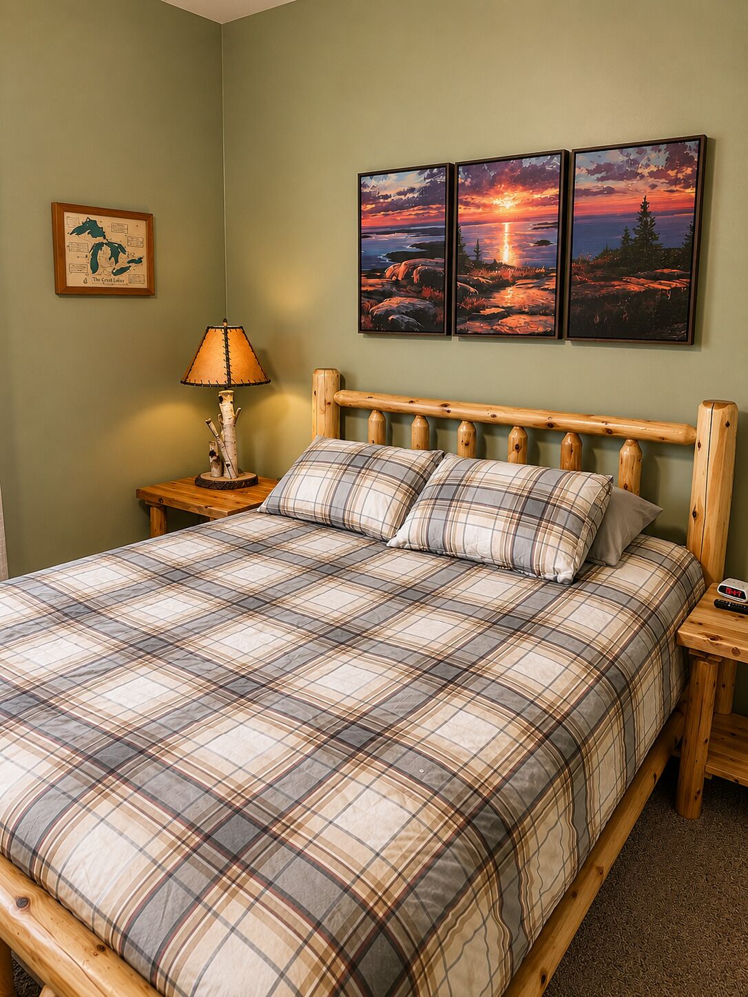 Ein Schlafzimmer mit einem hölzernen Bett, karierten Bettbezügen, einem Nachttisch mit Lampe und drei Landschaftsbildern an der Wand.