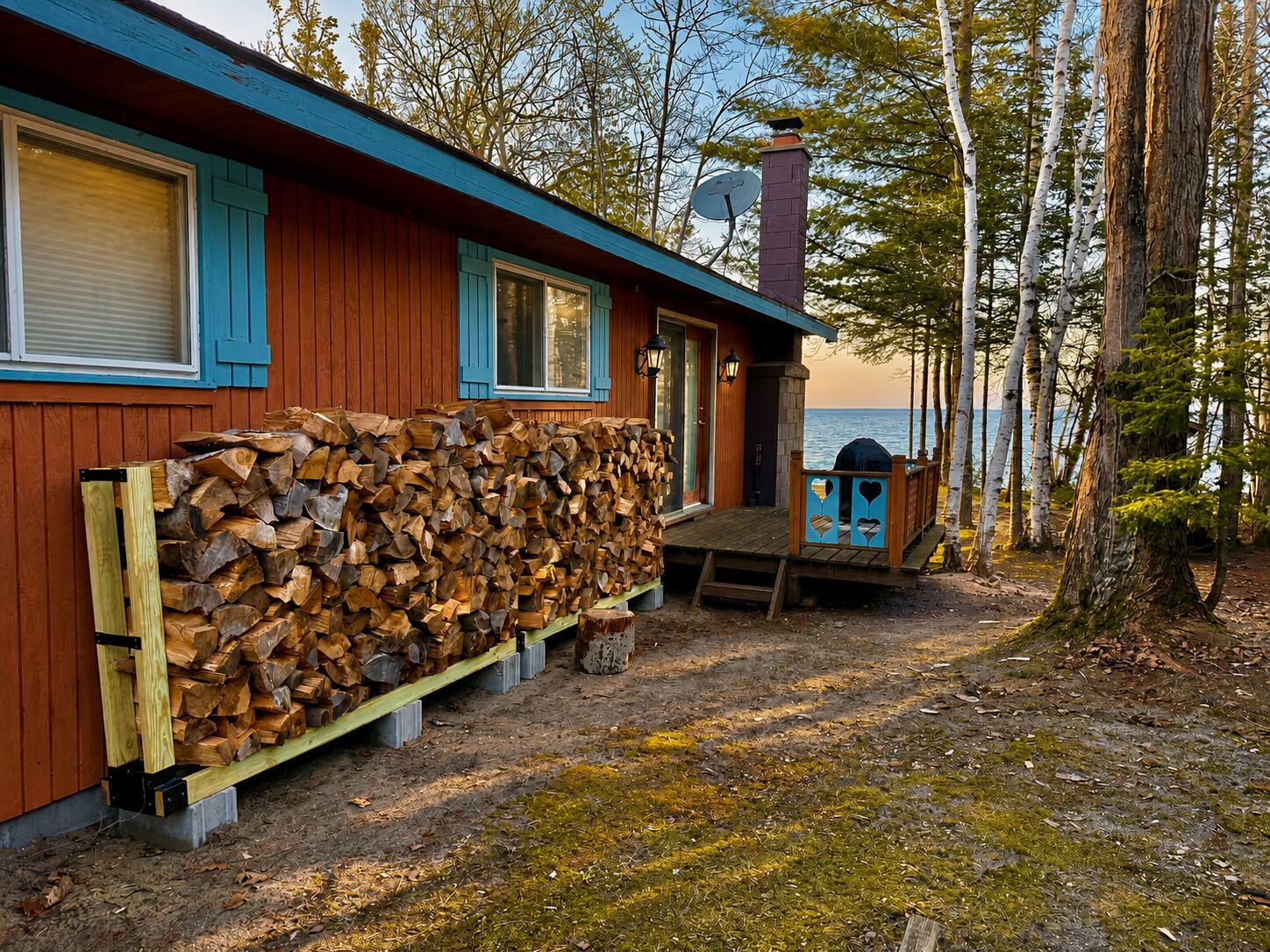 Une cabane avec une pile de bois de chauffage, une terrasse et une vue sur l’eau.