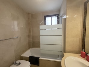 Bathtub, hair dryer, bidet, towels