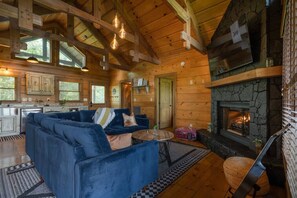 Smart TV, fireplace, books