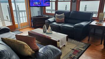 Älytelevisio, takka, DVD-soitin, kirjoja