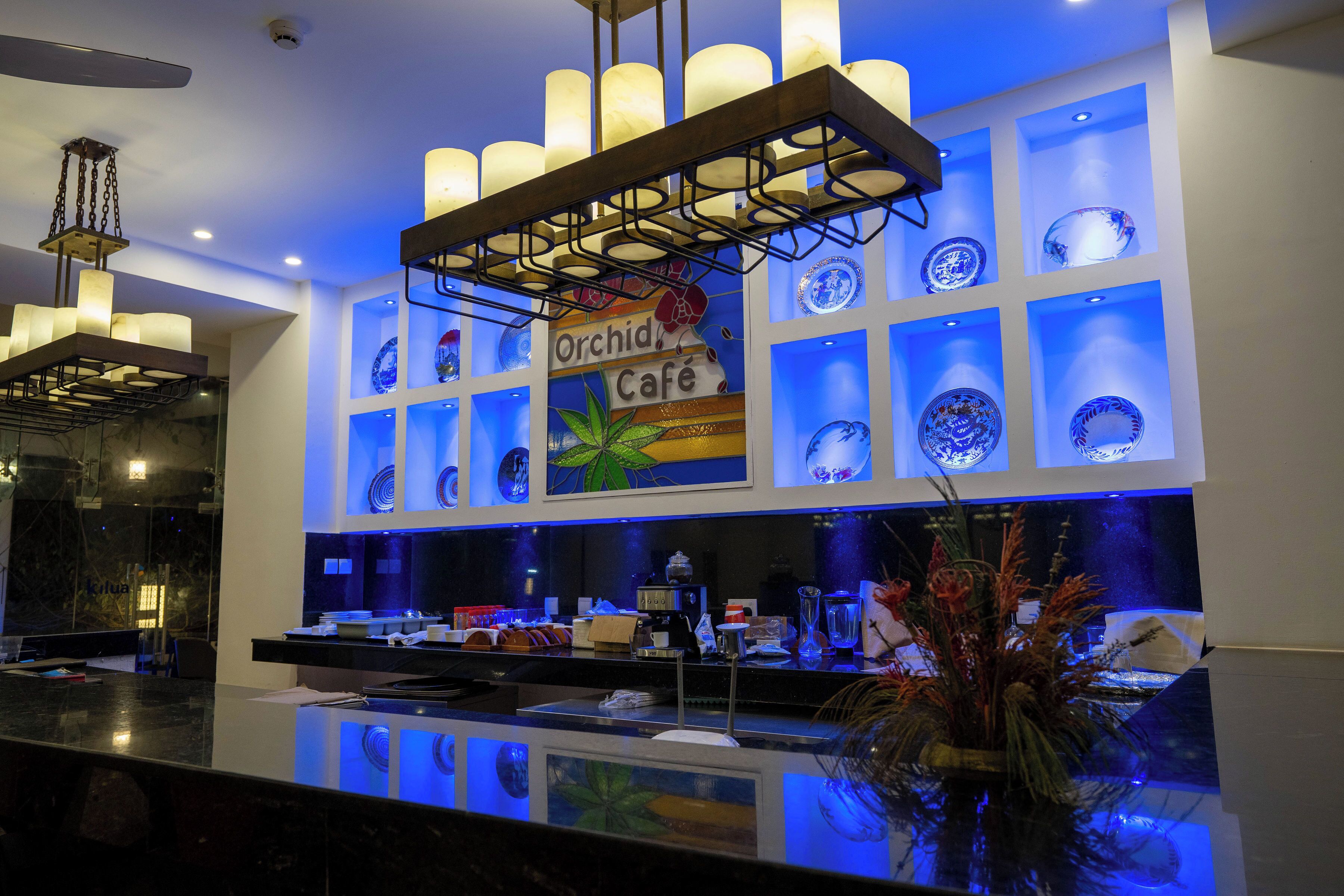 A modern bar area with a sign for 'Orchid Cafe' and decorative glass shelves.