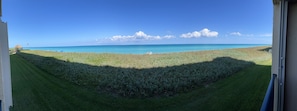 A view of a beach with a thatched structure and a flag, a grassy area in the foreground, and a clear blue sky. - Ocean view oasis (Jensen Beach)