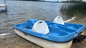 Een kleine, blauw-witte boot genaamd 'Riviera' aan een zandstrand, met een meer en bomen op de achtergrond.
