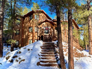 A wooden lodge with a staircase leading to the entrance, surrounded by pine trees and snow.