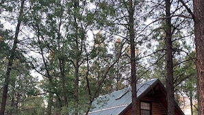 A rustic log cabin with a green roof, surrounded by tall trees and a small garden area. - Luxury Log Cabin Living! AC, Kid & Pet Friendly, Fishing, Hiking, Golf (Pinetop)