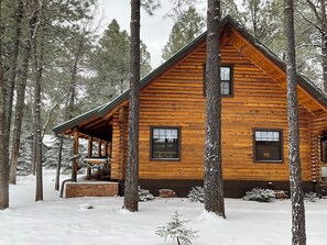 Une cabane en rondins avec un porche, entourée d’arbres couverts de neige.
