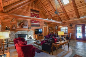 Smart TV, fireplace, DVD player, books