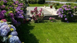 Een tuin met hortensia's en uitzicht op zee.