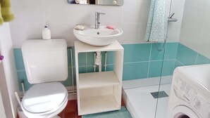 A compact bathroom with a toilet, sink, mirror, shower, and washing machine. - Maisonnette Biscarrosse Plage 300m de Locéan (Biscarrosse)