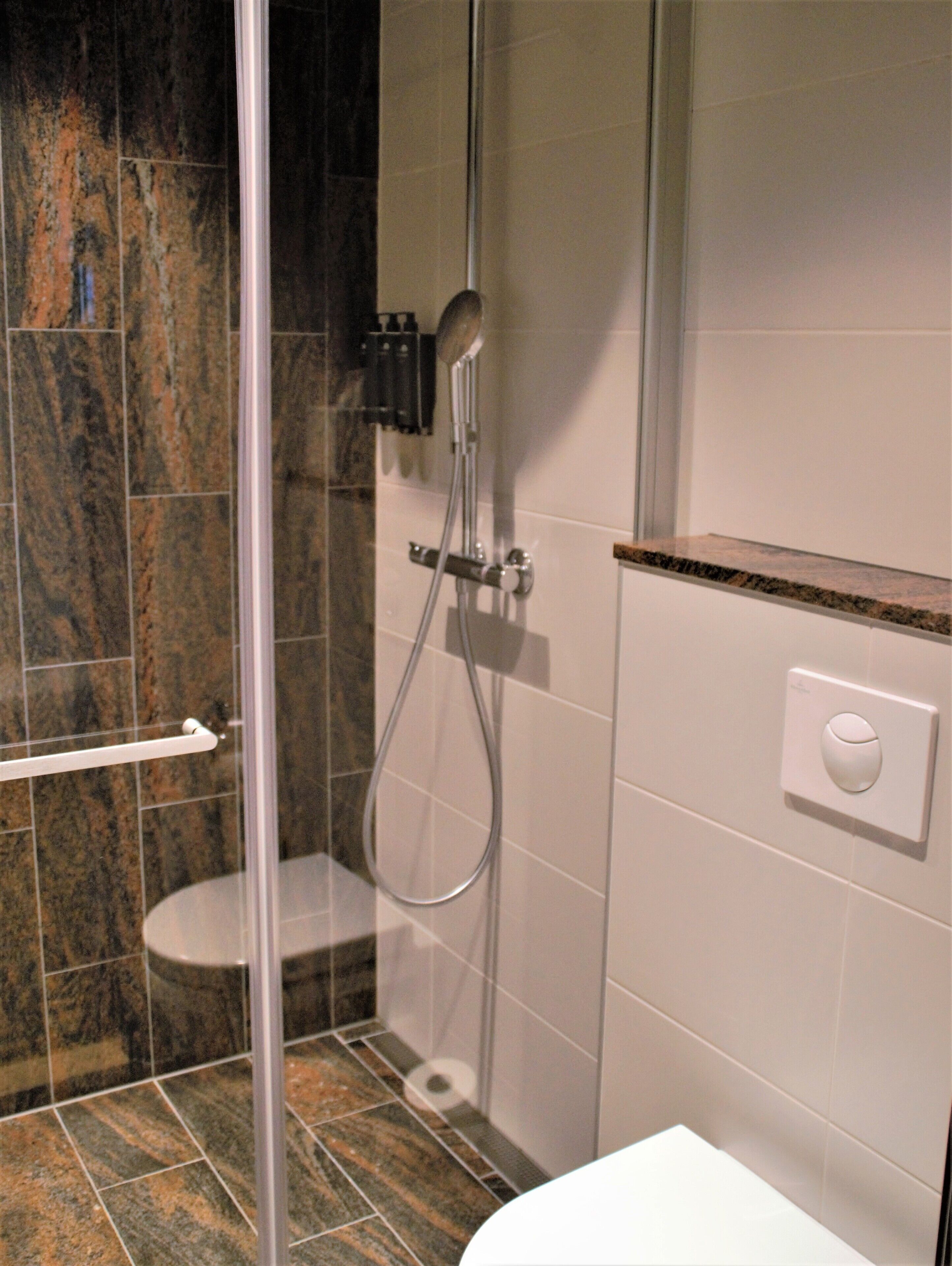 A modern bathroom with a glass shower enclosure, a white toilet, and a towel rack.