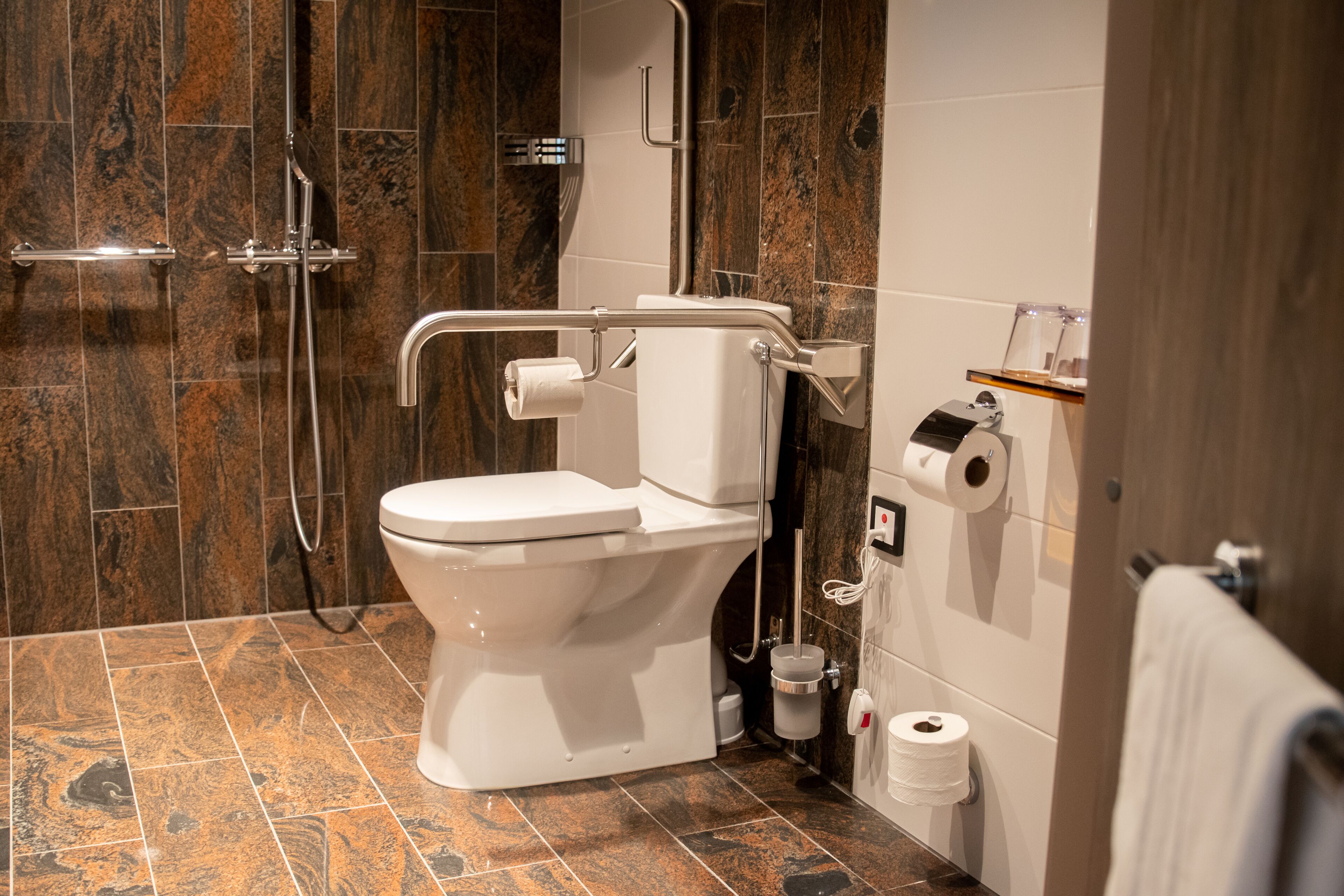 A modern bathroom with a white toilet, a shower area, and a handrail for accessibility.