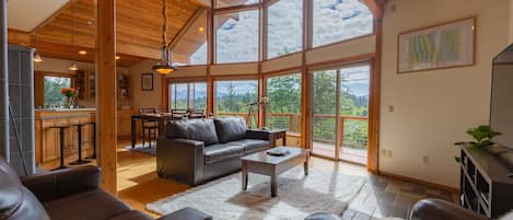 Smart TV, fireplace, books, stereo