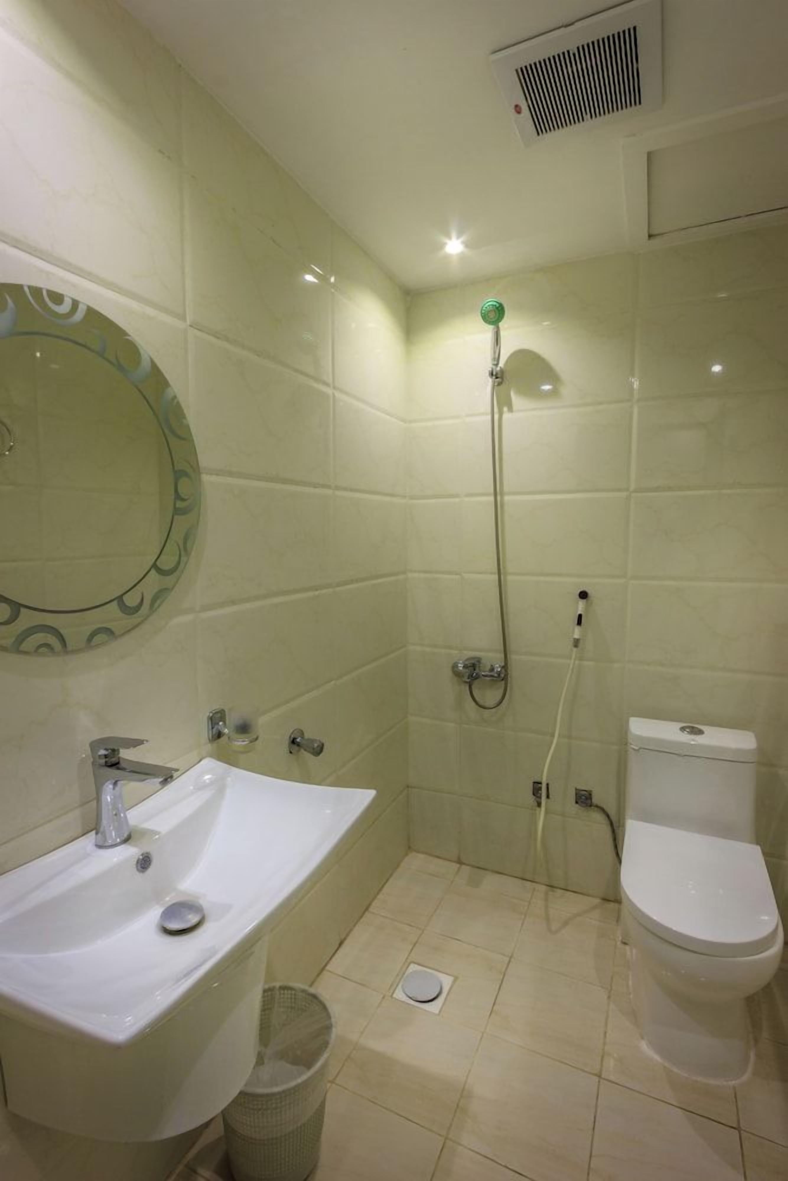 A bathroom with a sink, toilet, shower, and a mirror.