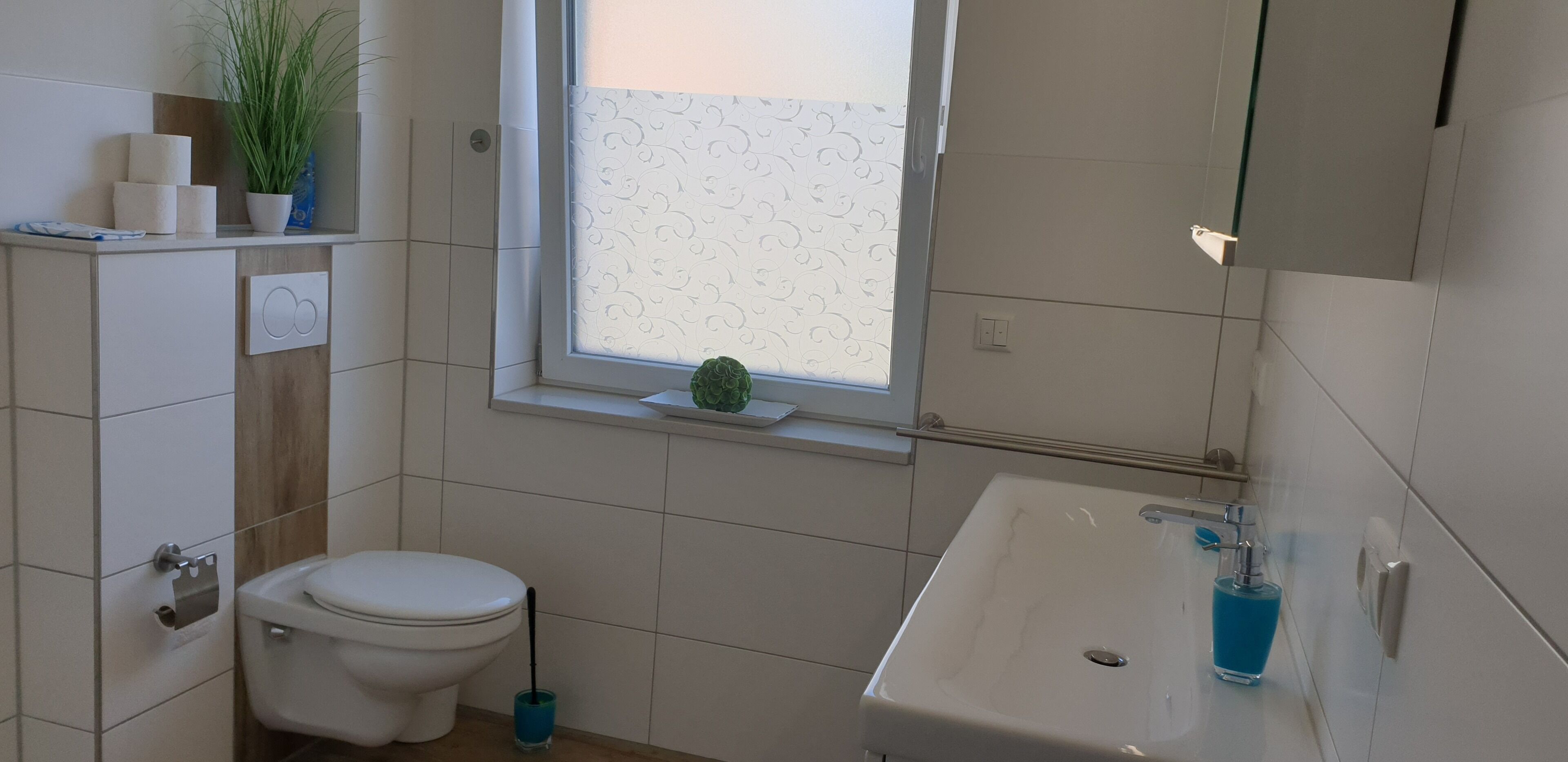 Un bany amb vàter, rentamig i finestra.