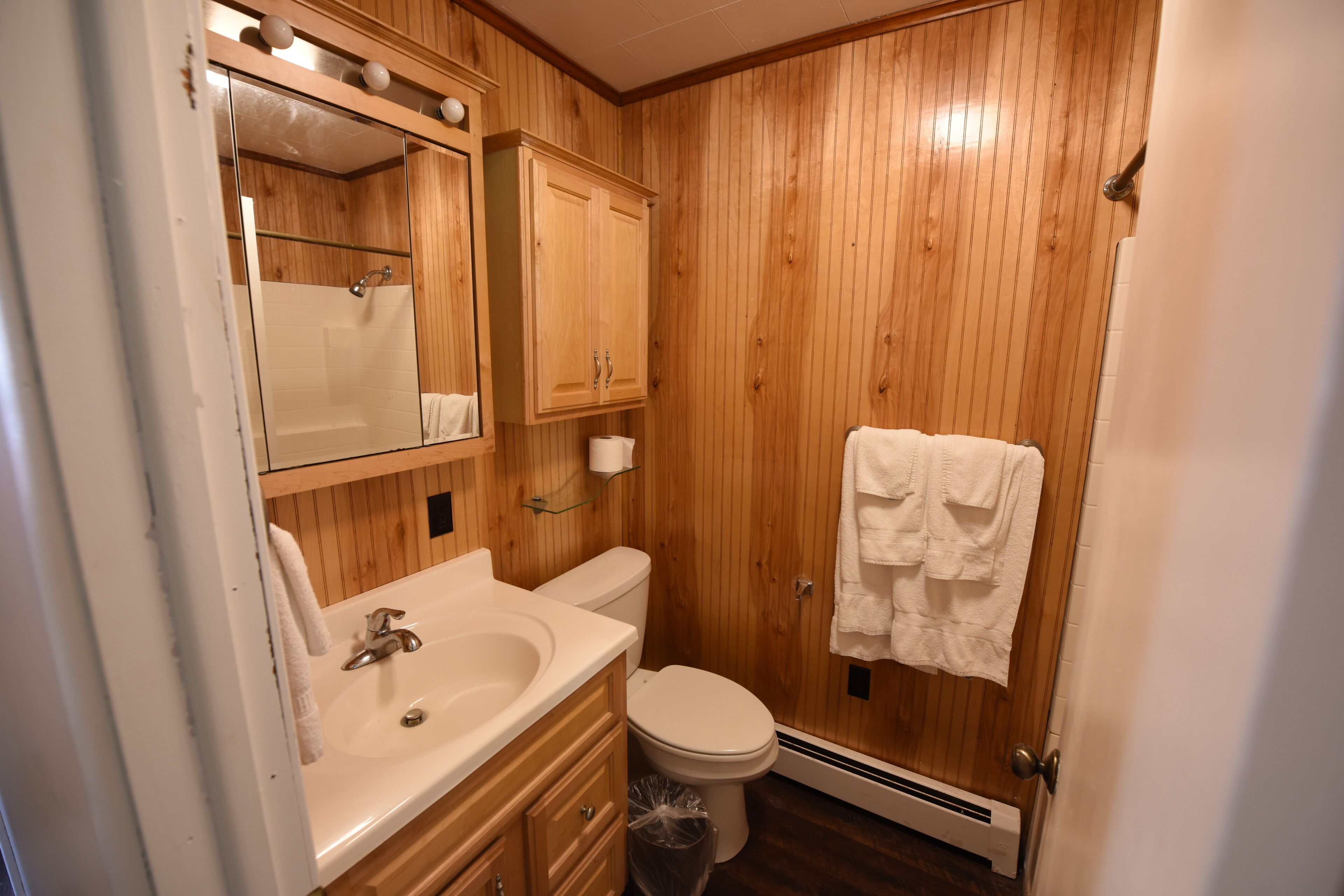 A wooden-paneled bathroom with a sink, mirror, cabinet, toilet, and towel rack.