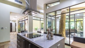 A modern kitchen with a central island, built-in appliances, and large windows offering views of the outdoors.