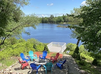 Firepit and lakefront porch