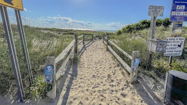 Un camino de arena que conduce al océano, con señales indicativas y normas de la playa.