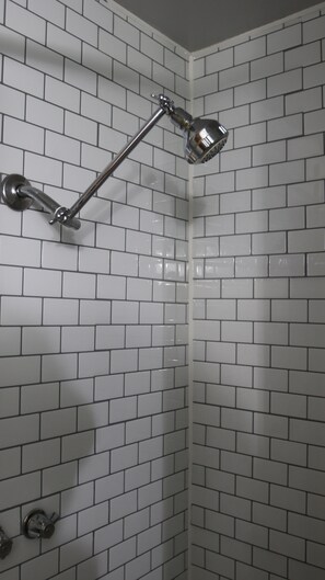 Chuveiro, secador de cabelo, toalhas de banho, sabonete