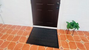 Una puerta marrón oscuro cerrada con un felpudo pequeño en la entrada.