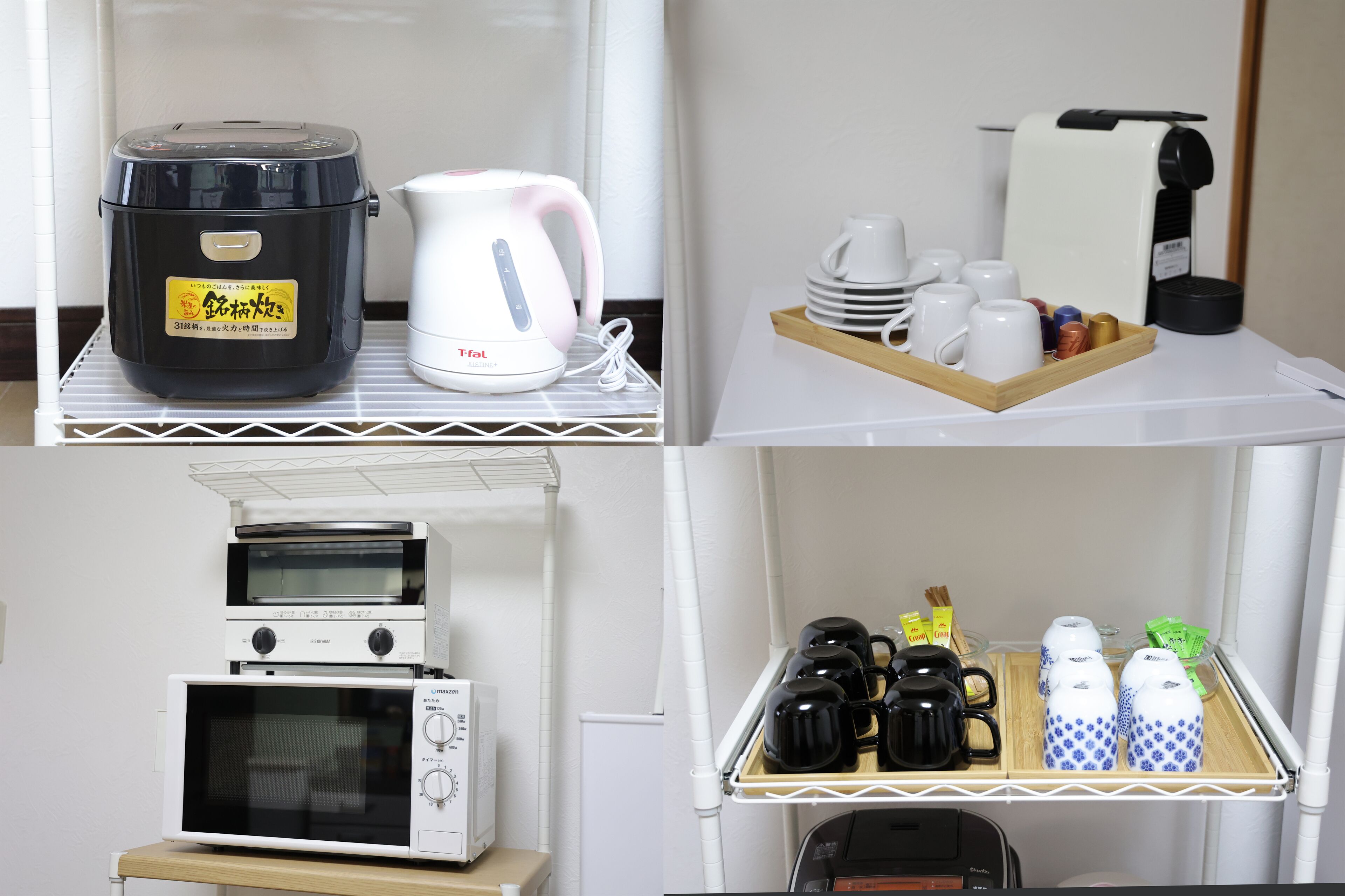 A kitchen with a rice cooker, kettle, microwave, and coffee maker.
