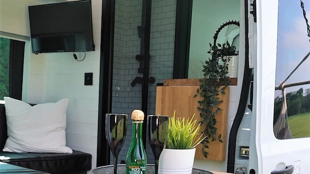 Un coin cuisine avec un plan de travail en bois, une bouteille de boisson gazeuse, une plante en pot et un téléviseur fixé au mur.