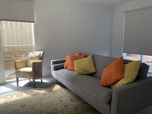 Smart TV, fireplace, DVD player, books