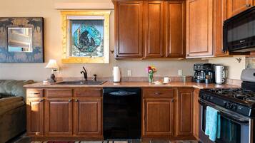 Fridge, microwave, dishwasher, coffee/tea maker