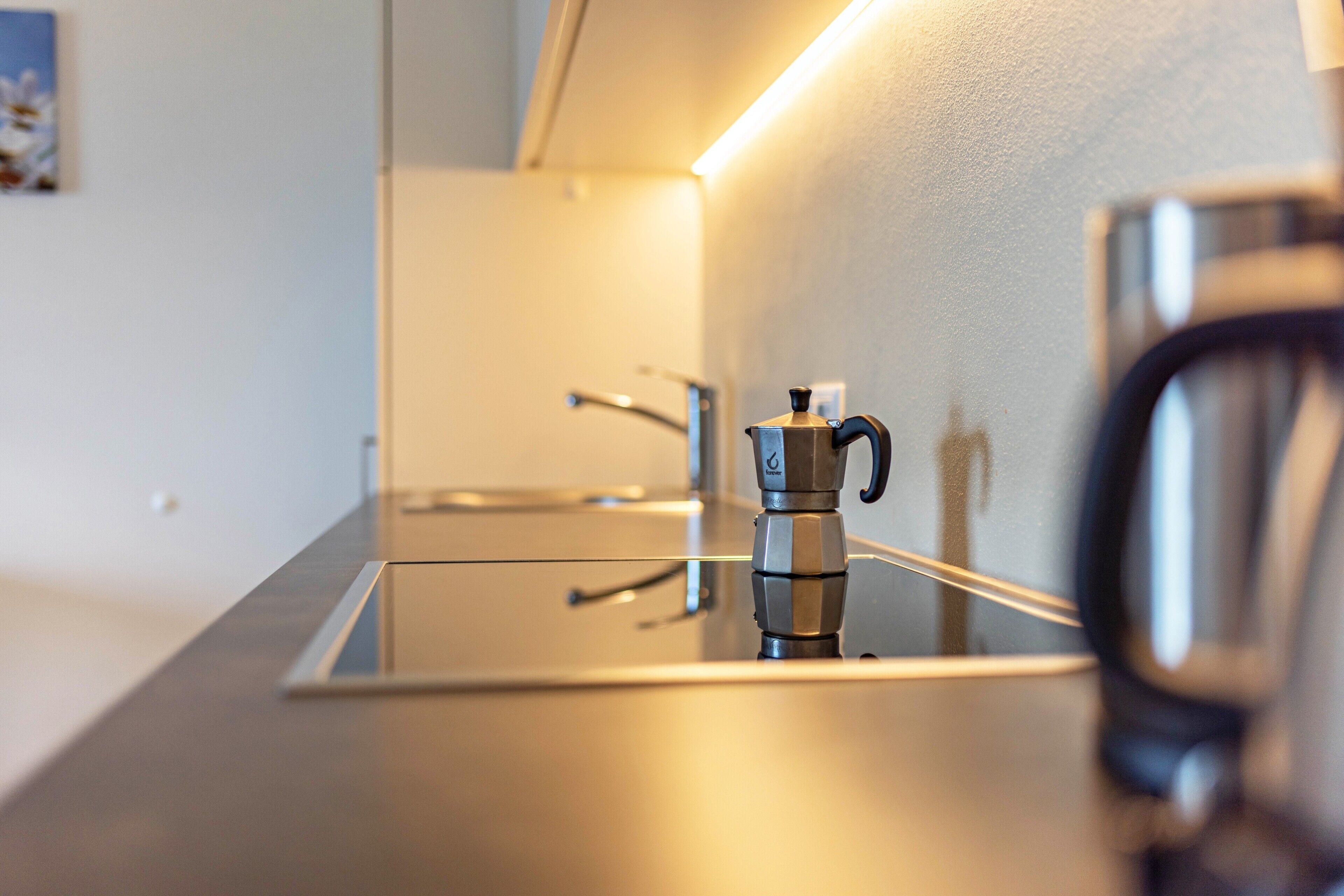 Een koelkast, een oven, een kookplaat, een vaatwasser