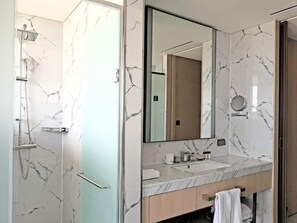 Bathroom features a shower area with a glass door, a large mirror, and a vanity with a towel rack.