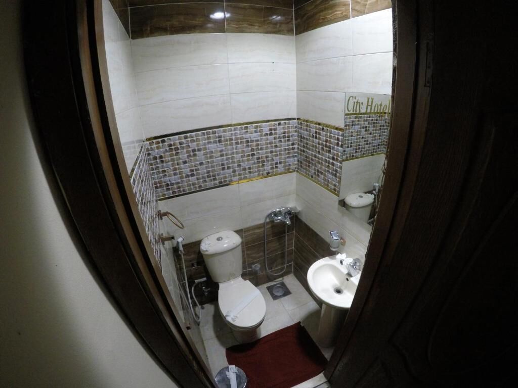 Een badkamer met toilet, wastafel en douche. De wanden zijn betegeld met een mozaïekpatroon.