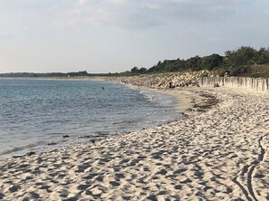Una spiaggia sabbiosa con una recinzione di legno e alberi sullo sfondo.