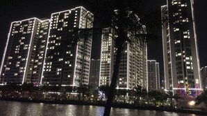 A nighttime view of high-rise buildings with illuminated windows and a palm tree in the foreground. - Bom Homes- Vinhomes Ocean Park  (Hanoi)