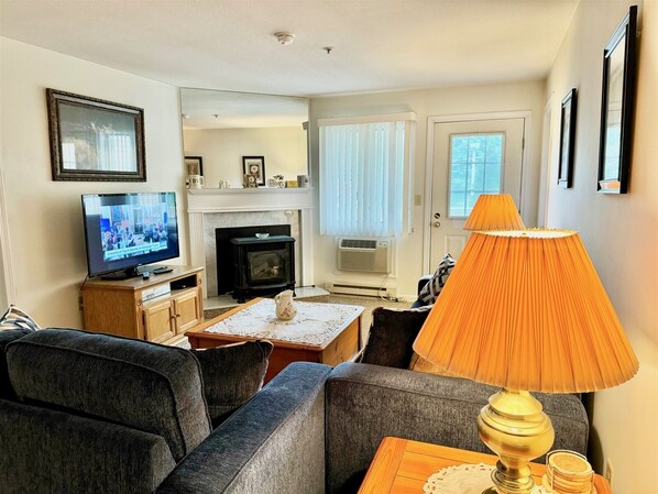 Televisión, chimenea y reproductor de DVD 