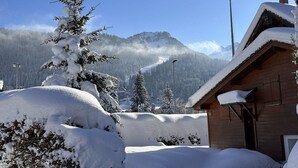 A wooden cabin with a snow-covered roof, surrounded by snow-laden trees and a mountain backdrop. - Spacious 4-room apartment well equipped with Wi-Fi and parking, at the foot of the ski bus (Les Carroz d'Arâches)