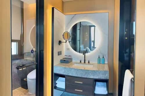 Shower, rainfall showerhead, hair dryer, bathrobes