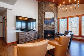 Smart TV, fireplace, DVD player, books