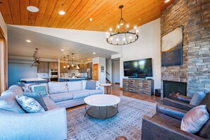 Älytelevisio, takka, DVD-soitin, kirjoja