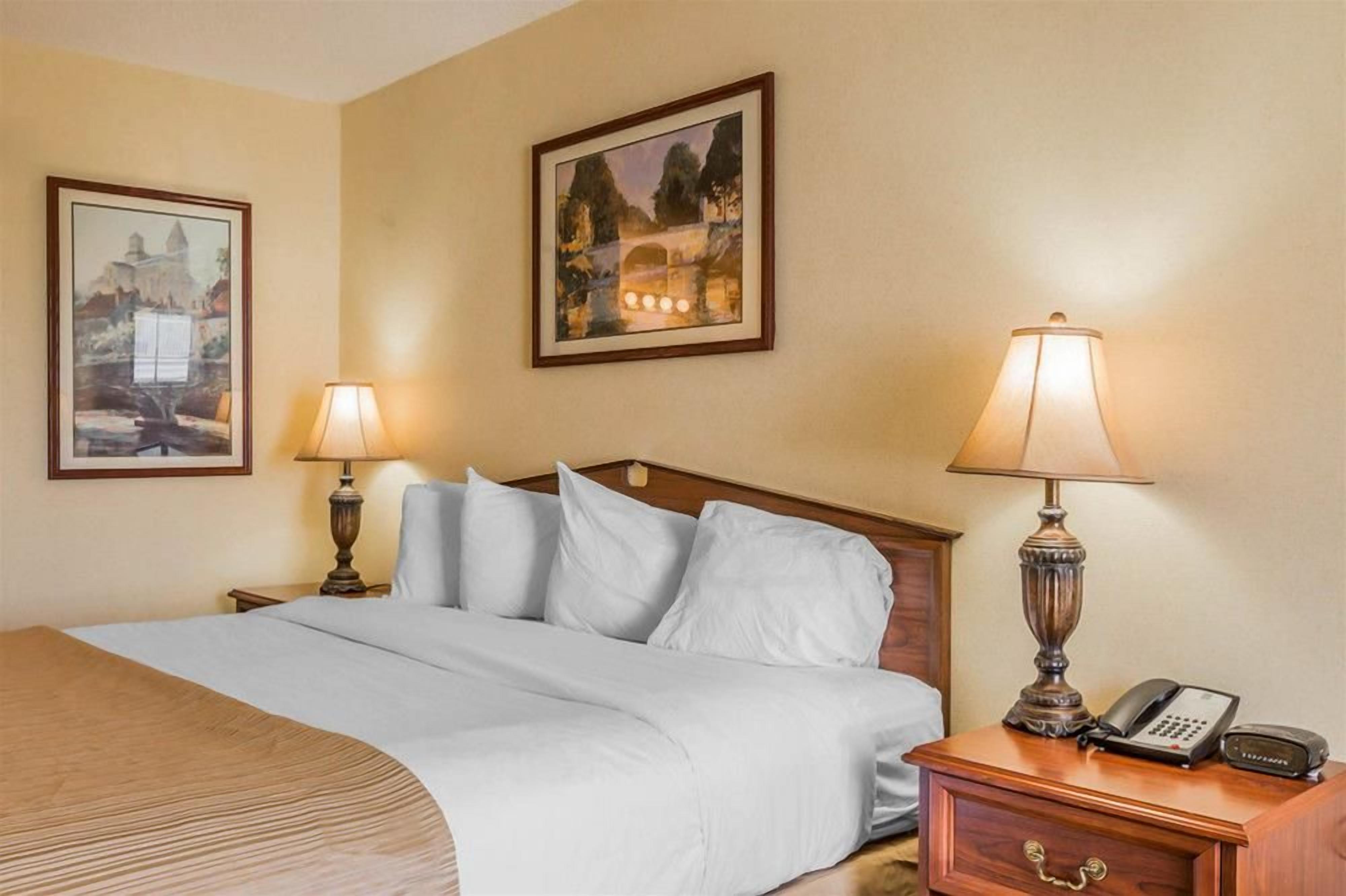 A hotel room with a bed, two bedside lamps, a nightstand with a phone, and two framed pictures on the wall.