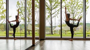 A yoga studio with large windows offering a view of a park and trees. - Melia Chongqing (Chongqing)