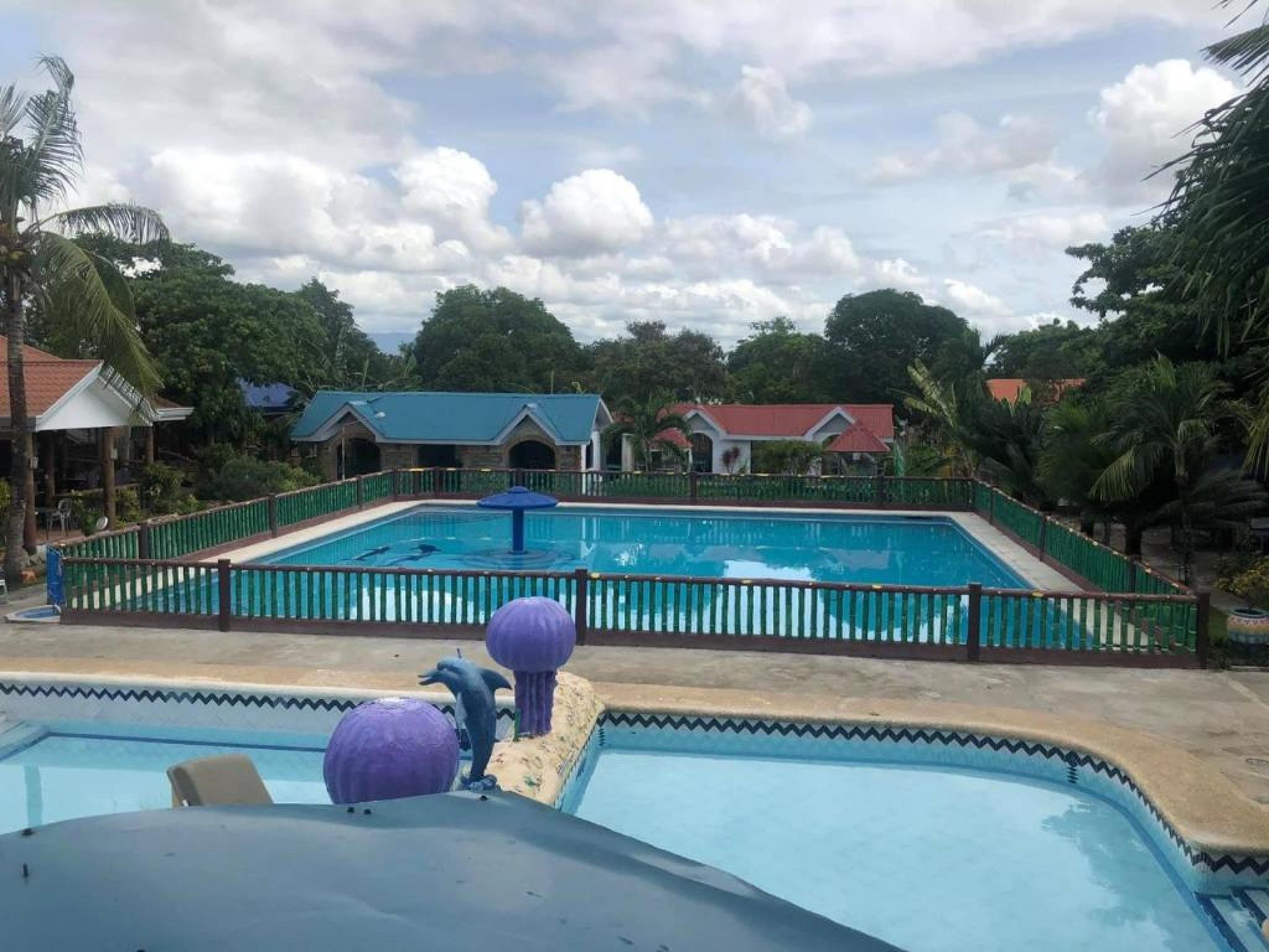 A swimming pool with a surrounding fence, a dolphin statue, and buildings in the background.