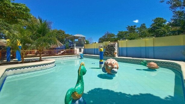 A swimming pool with a dolphin statue, a water slide, and a stone wall. - Reddoorz Near Gaisano Grand Cordova (Cordova)