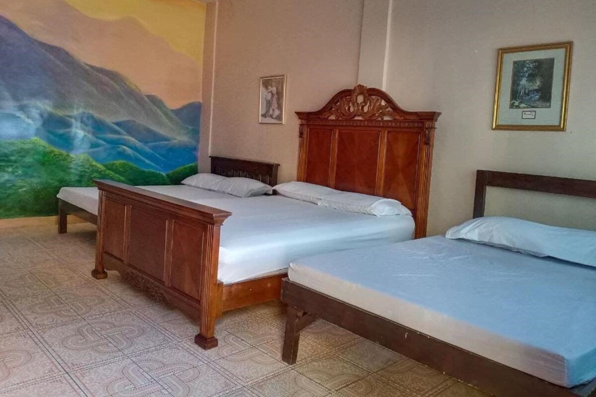 Une chambre d’hôtel avec deux lits, une fresque murale et un tableau encadré.