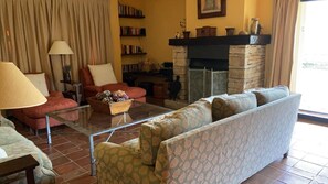 Een smart-tv, een open haard, een dvd-speler en een stereo