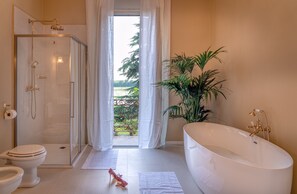 Banyera, assecador de cabells, bidet i tovalloles 