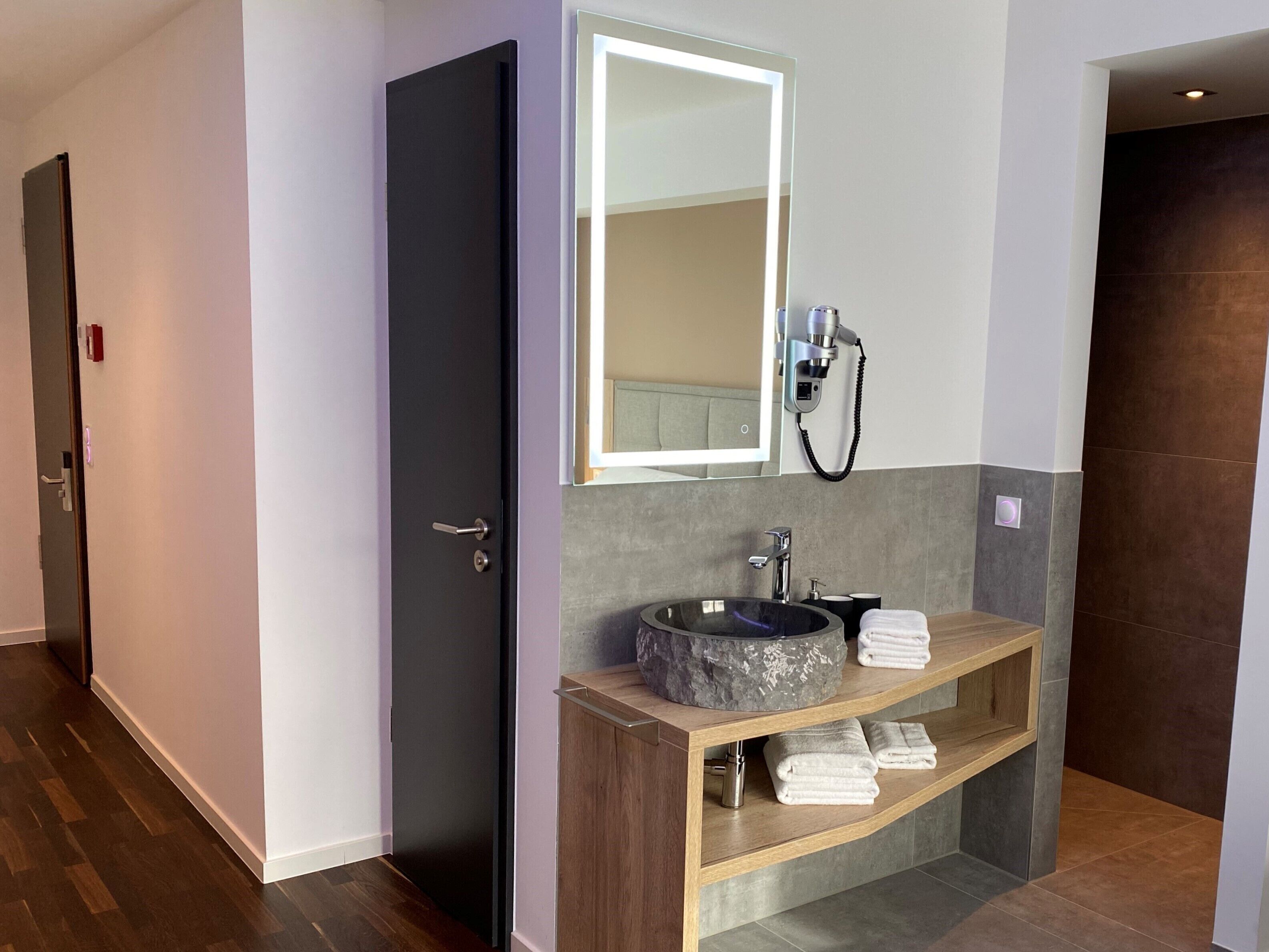 comfort double room | bathroom | shower, rainfall showerhead, hair dryer, towels